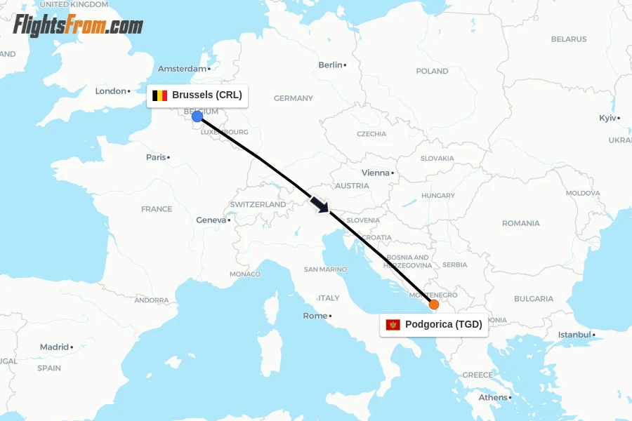 Flights from Brussels to Podgorica route map