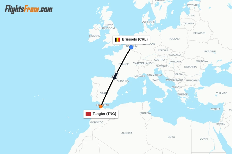 Flights from Brussels to Tangier route map
