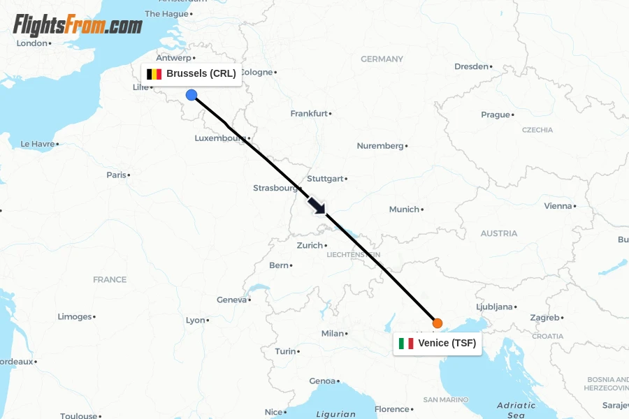 Flights from Brussels to Venice route map