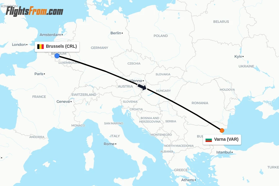 Flights from Brussels to Varna route map