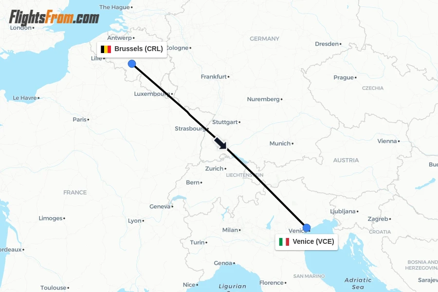 Flights from Brussels to Venice route map