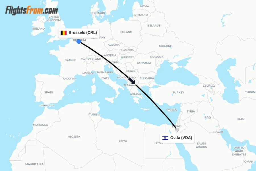 Flights from Brussels to Ovda route map