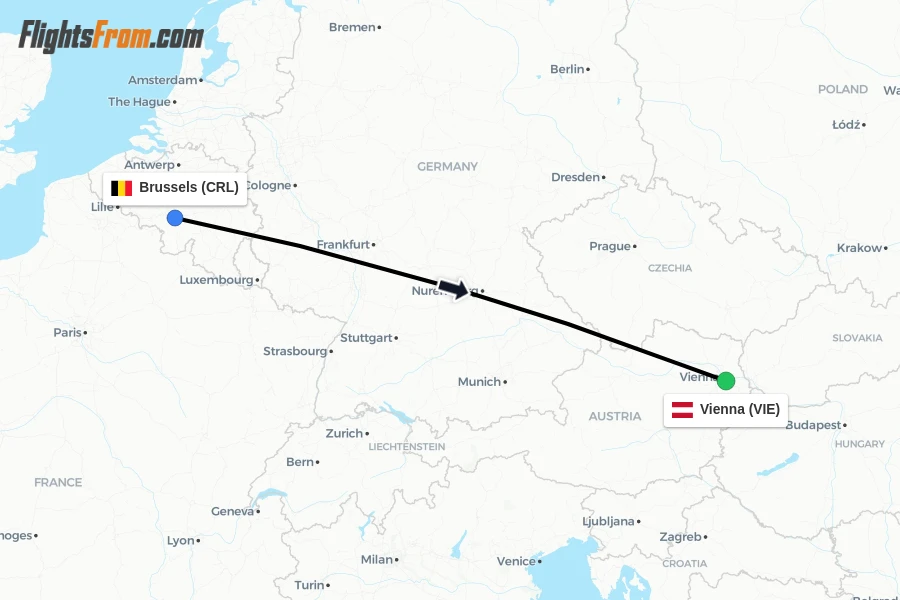 Flights from Brussels to Vienna route map