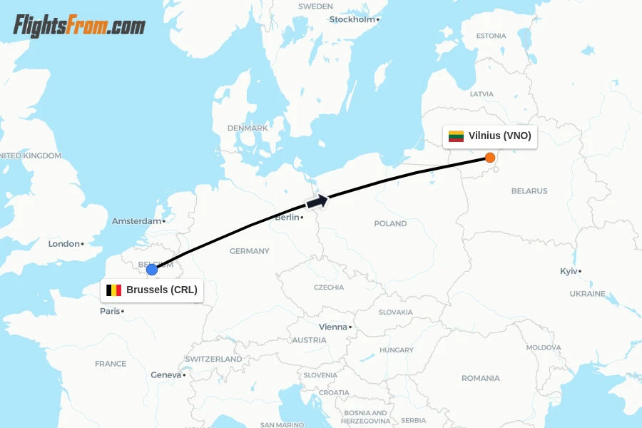 Flights from Brussels to Vilnius route map