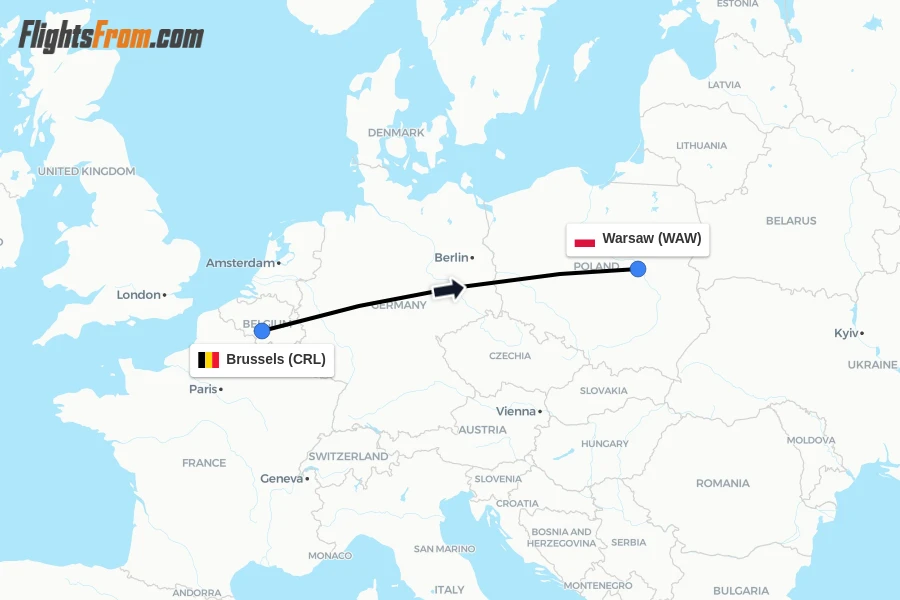 Flights from Brussels to Warsaw route map