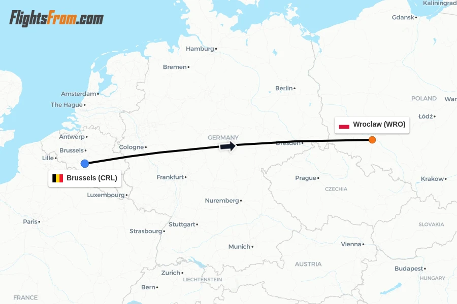 Flights from Brussels to Wroclaw route map