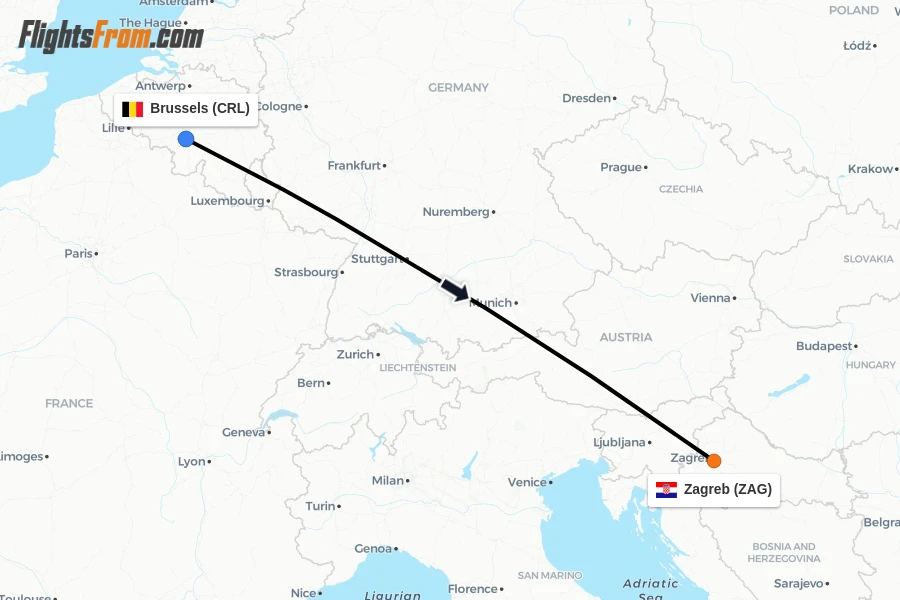 Flights from Brussels to Zagreb route map