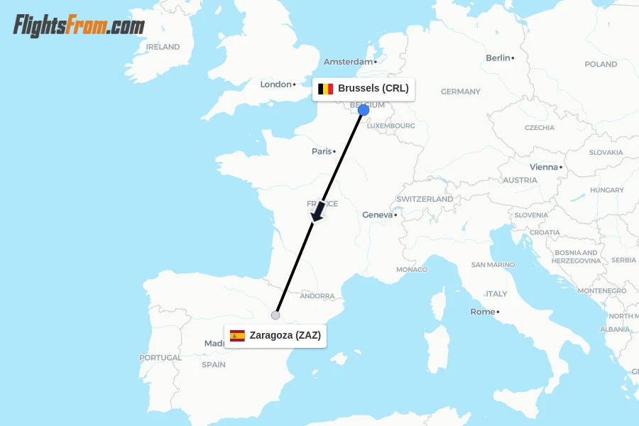 Flights from Brussels to Zaragoza route map