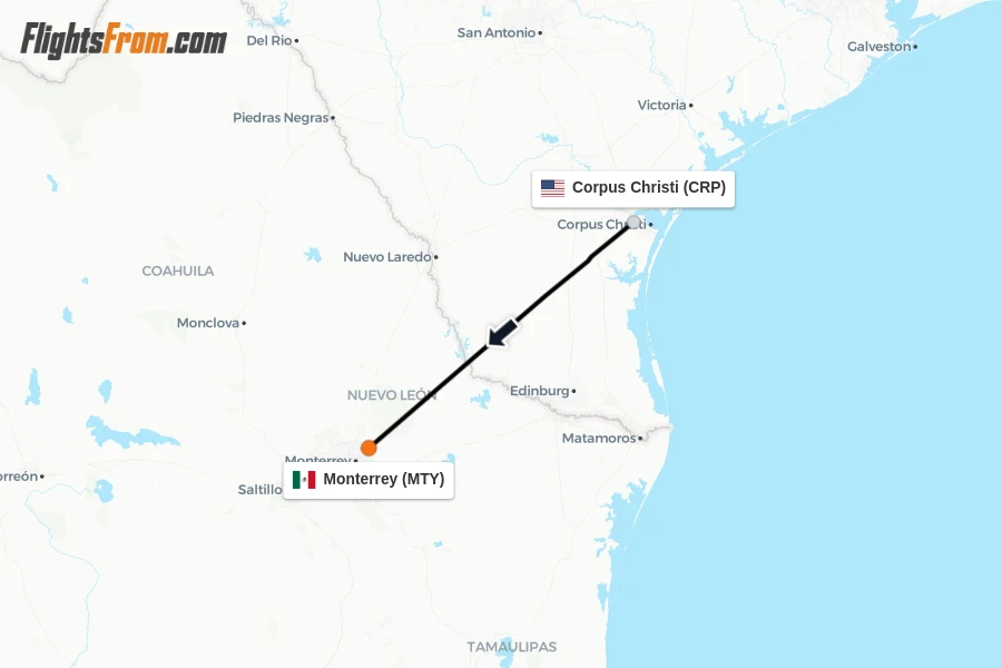 Flights from Corpus Christi to Monterrey route map