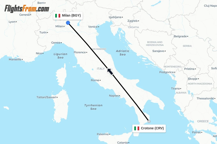 Flights from Crotone to Milan route map