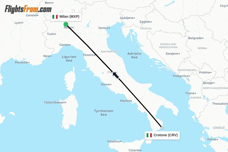 Flights from Crotone to Milan route map