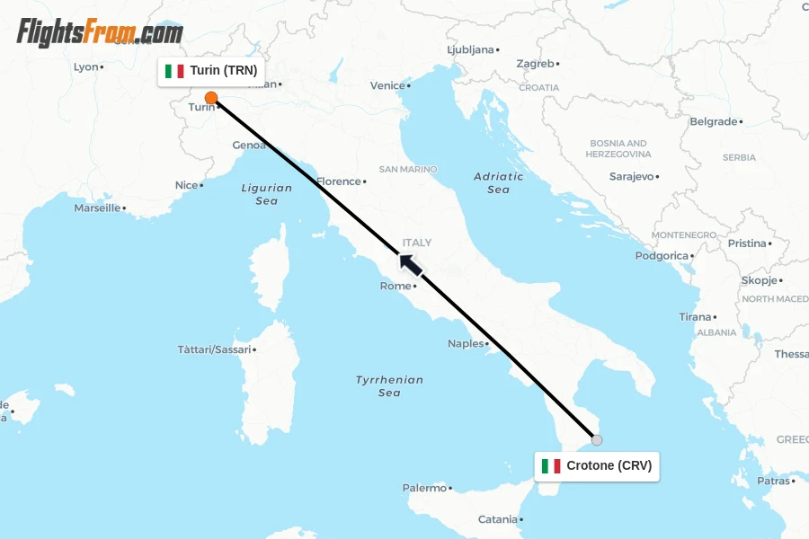 Flights from Crotone to Turin route map