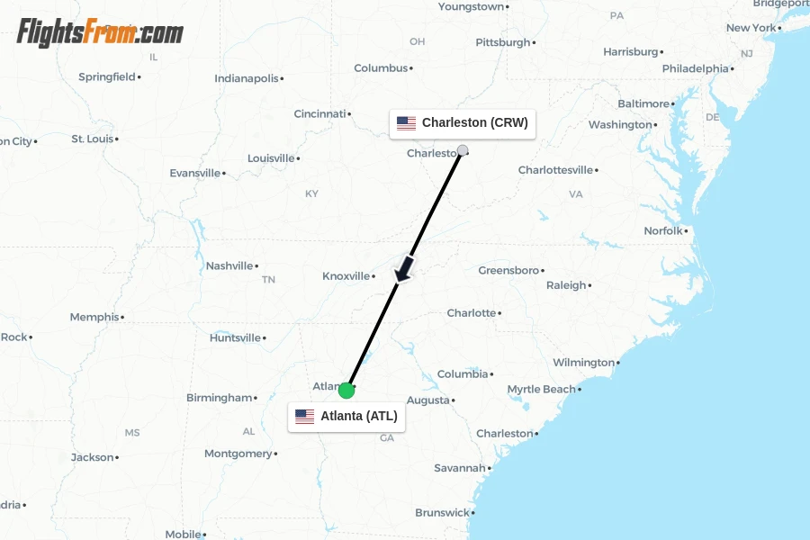 Flights from Charleston to Atlanta route map