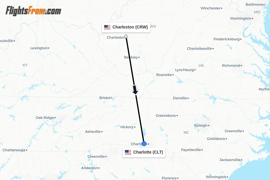 Flights from Charleston to Charlotte route map
