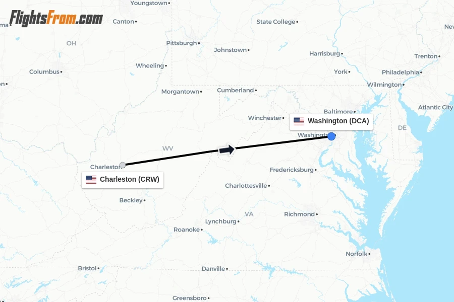 Flights from Charleston to Washington route map