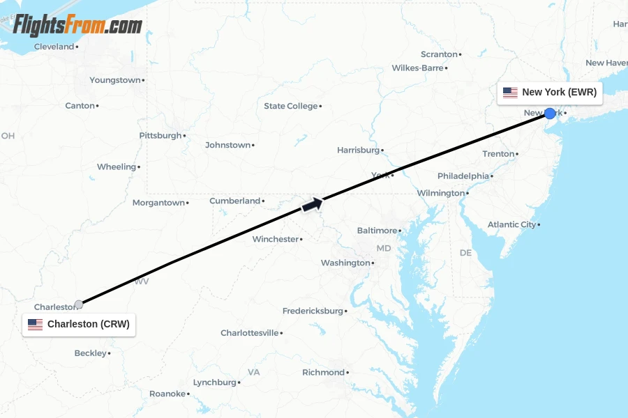 Flights from Charleston to New York route map