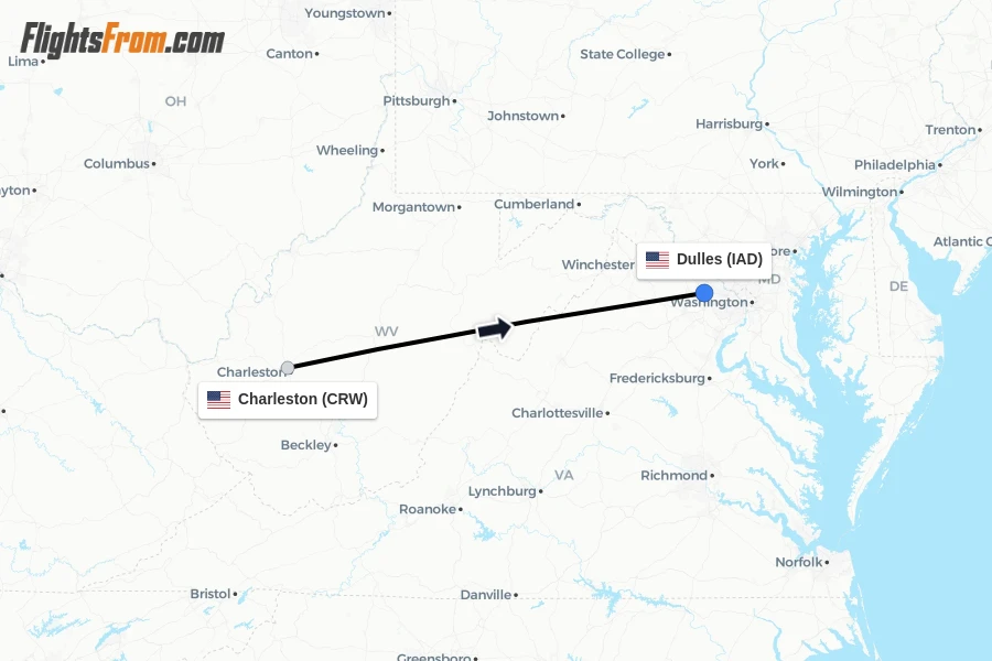 Flights from Charleston to Dulles route map