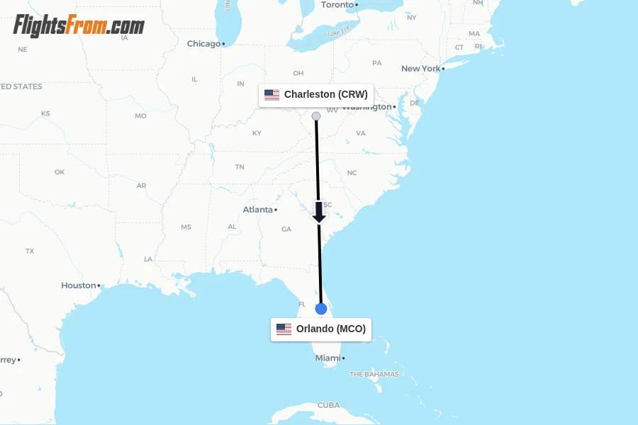 Flights from Charleston to Orlando route map
