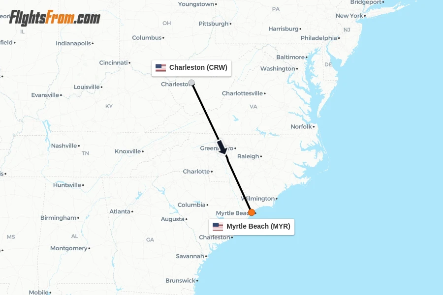 Flights from Charleston to Myrtle Beach route map