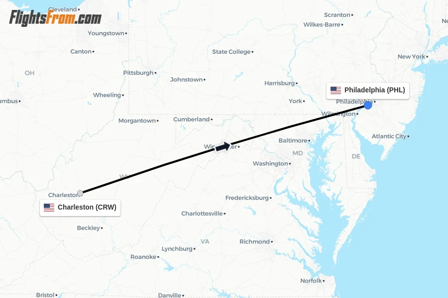 Flights from Charleston to Philadelphia route map