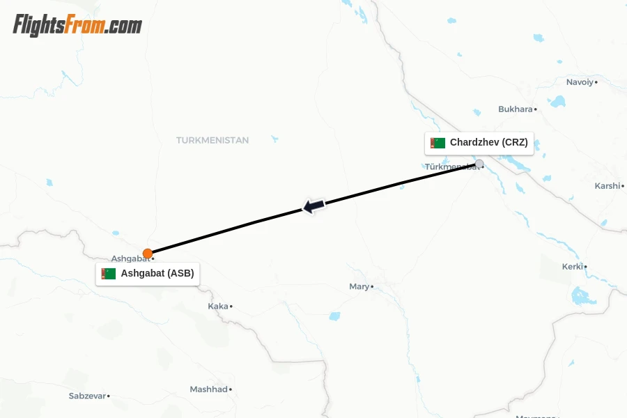 Flights from Chardzhev to Ashgabat route map