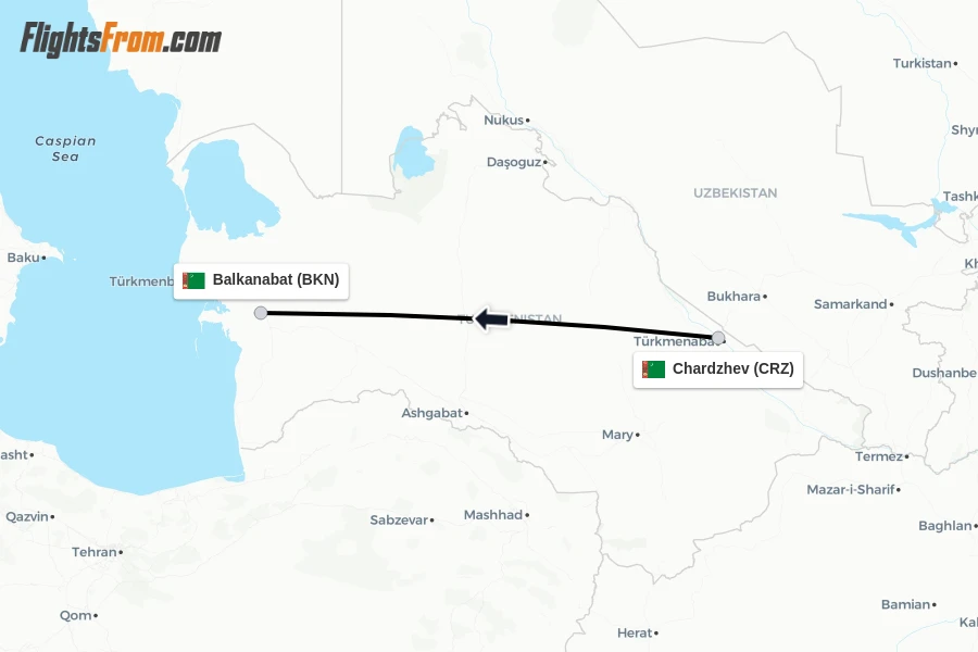 Flights from Chardzhev to Balkanabat route map