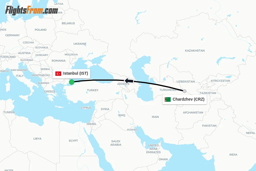 Flights from Chardzhev to Istanbul route map