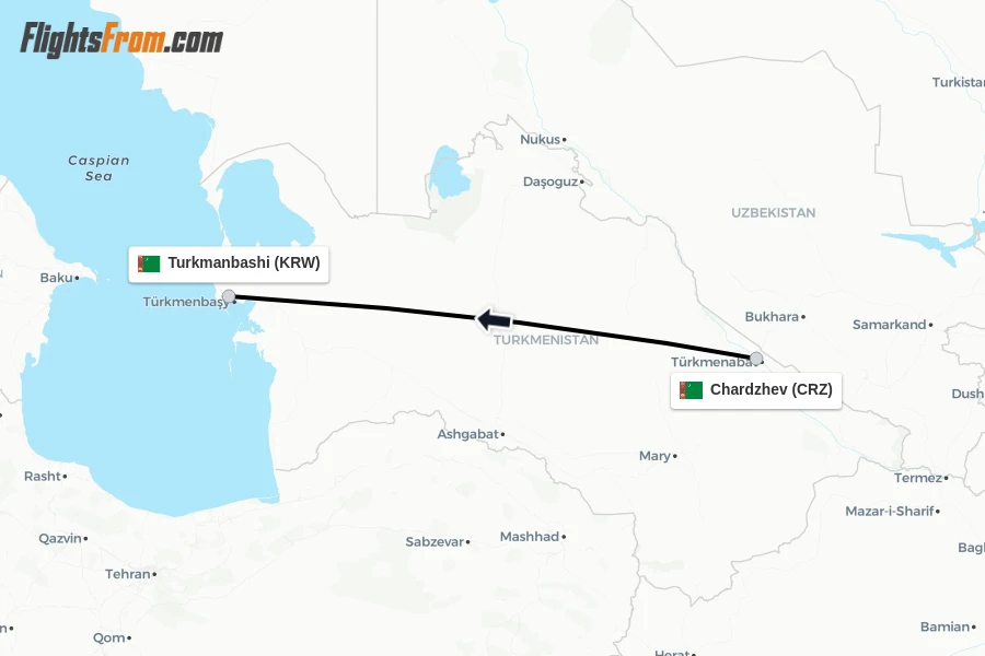 Flights from Chardzhev to Turkmanbashi route map
