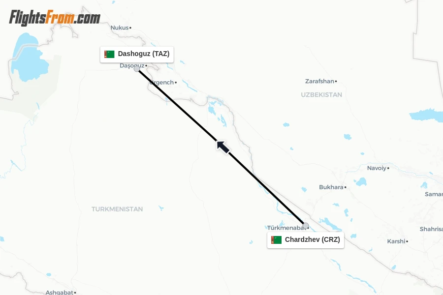 Flights from Chardzhev to Dashoguz route map