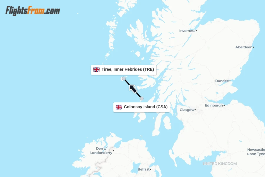 Flights from Colonsay Island to Tiree, Inner Hebrides route map