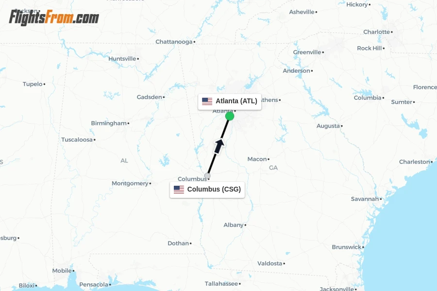 Flights from Columbus to Atlanta route map