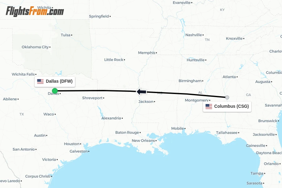 Flights from Columbus to Dallas route map