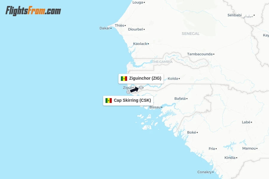 Flights from Cap Skirring to Ziguinchor route map