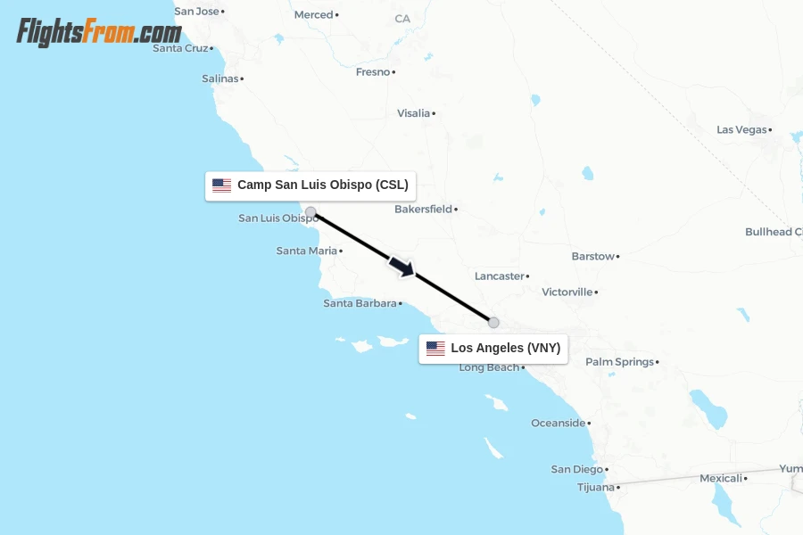 Flights from Camp San Luis Obispo to Los Angeles route map