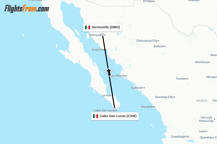 Flights from Cabo San Lucas to Hermosillo route map