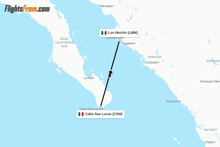 Flights from Cabo San Lucas to Los Mochis route map