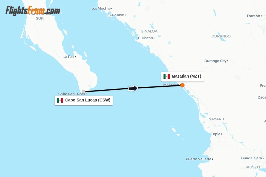 Flights from Cabo San Lucas to Mazatlan route map