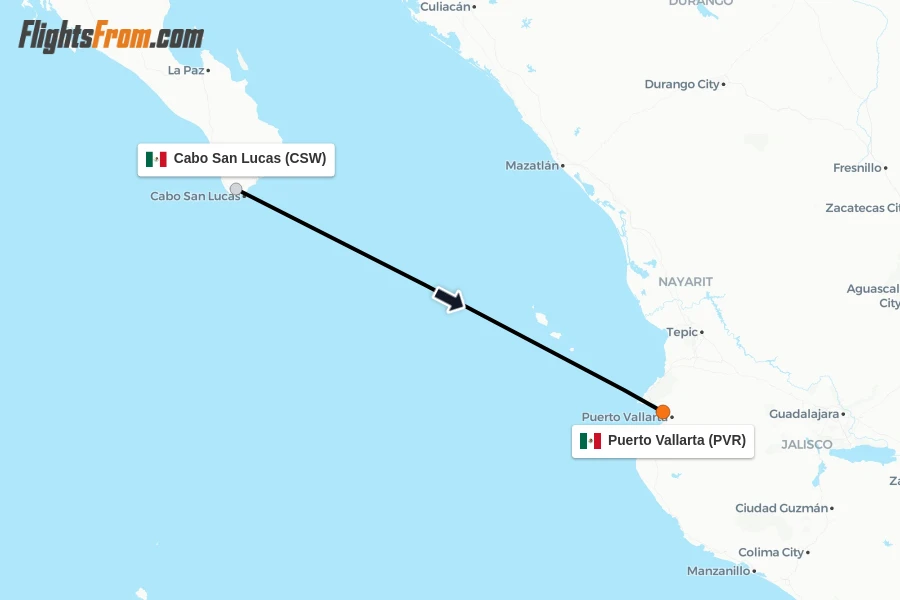 Flights from Cabo San Lucas to Puerto Vallarta route map