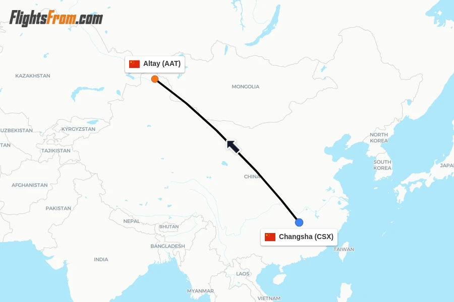Flights from Changsha to Altay route map