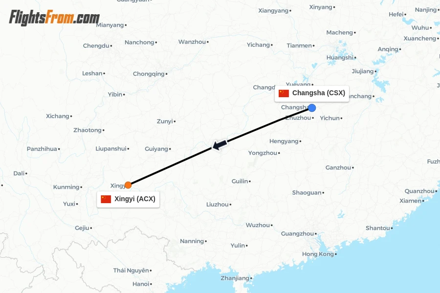 Flights from Changsha to Xingyi route map