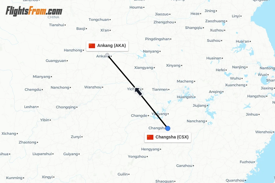 Flights from Changsha to Ankang route map