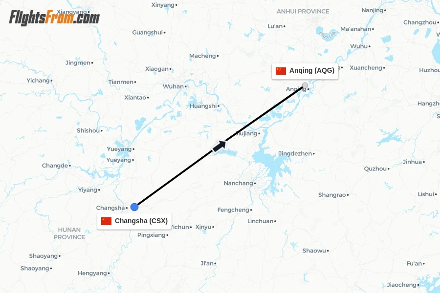 Flights from Changsha to Anqing route map