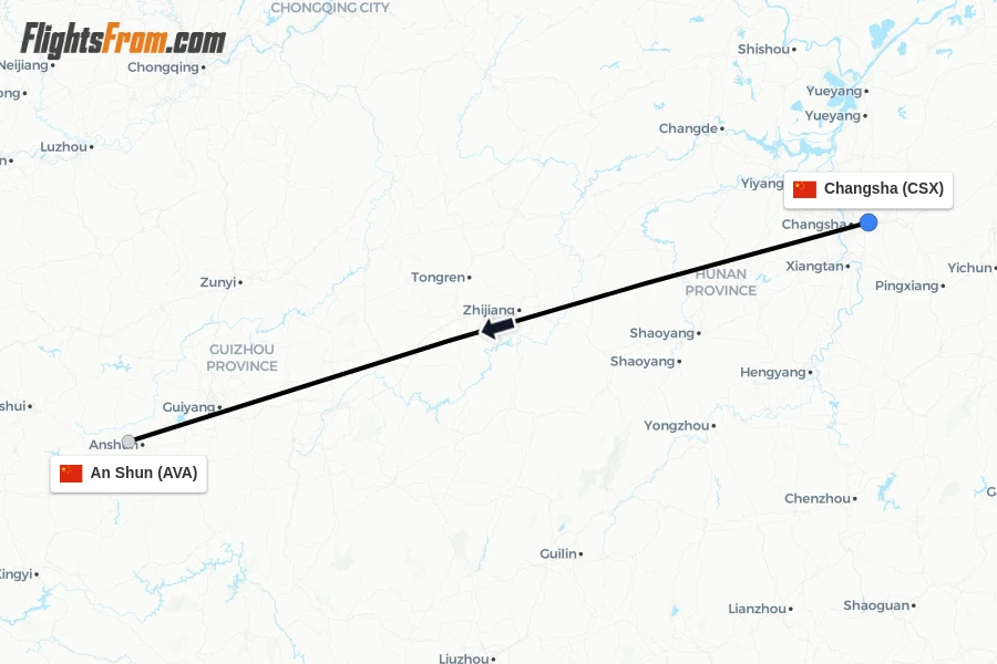 Flights from Changsha to An Shun route map