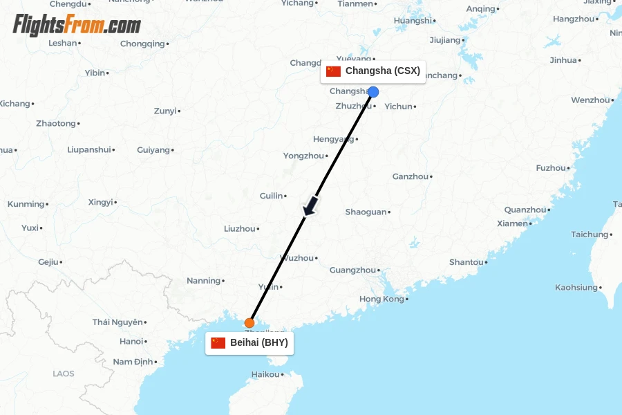 Flights from Changsha to Beihai route map