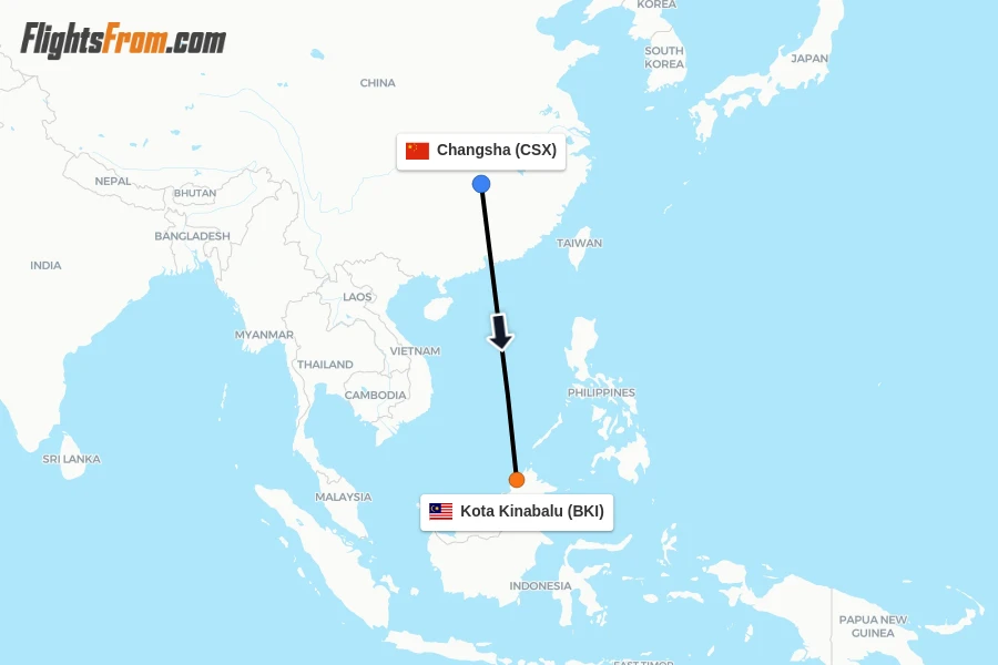 Flights from Changsha to Kota Kinabalu route map