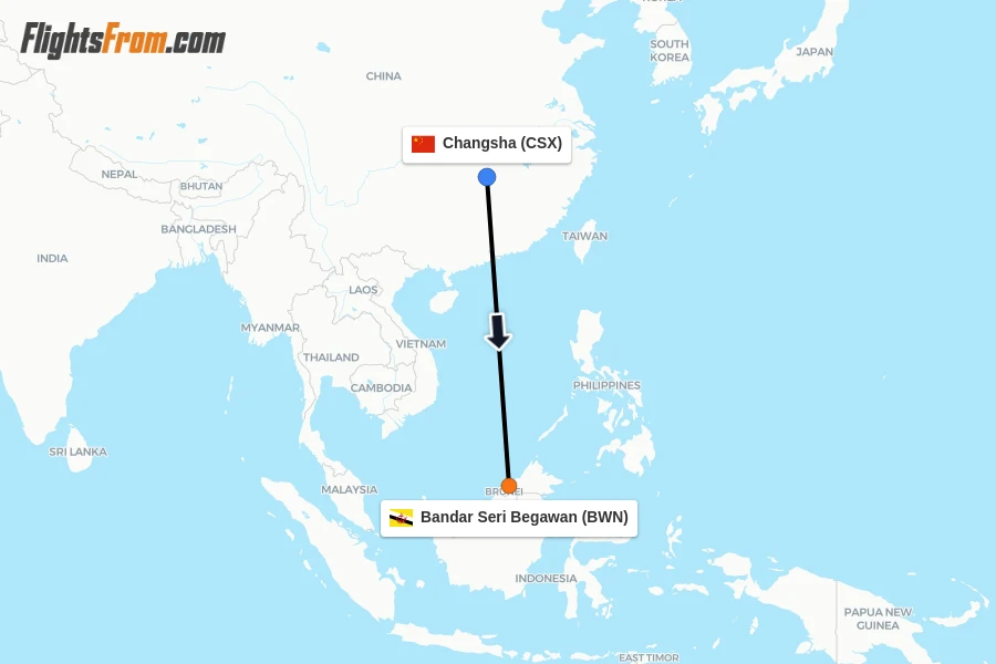 Flights from Changsha to Bandar Seri Begawan route map