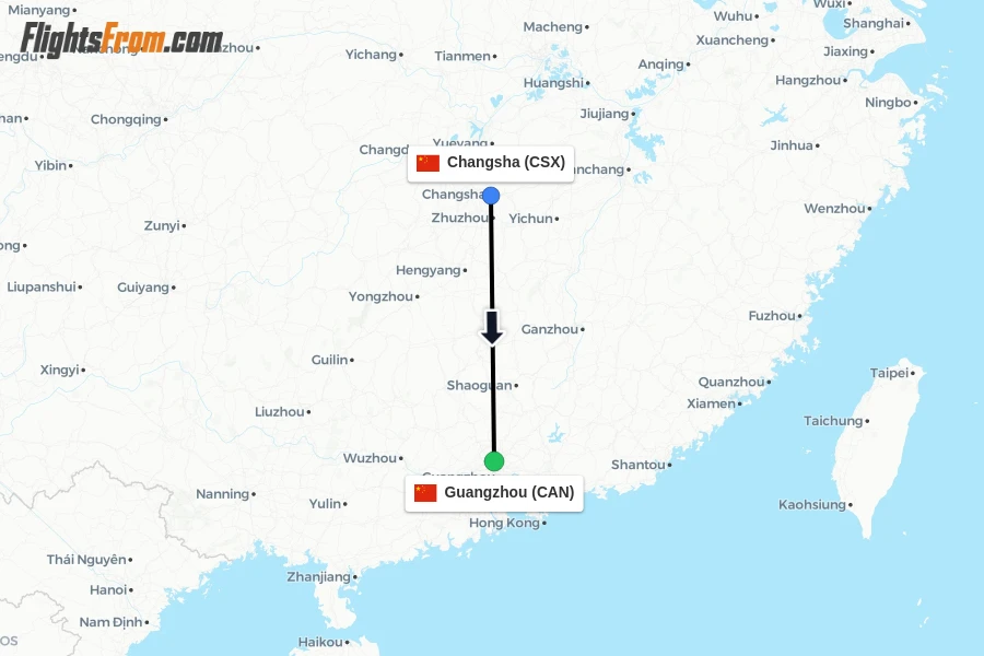 Flights from Changsha to Guangzhou route map