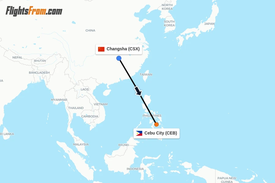 Flights from Changsha to Cebu City route map