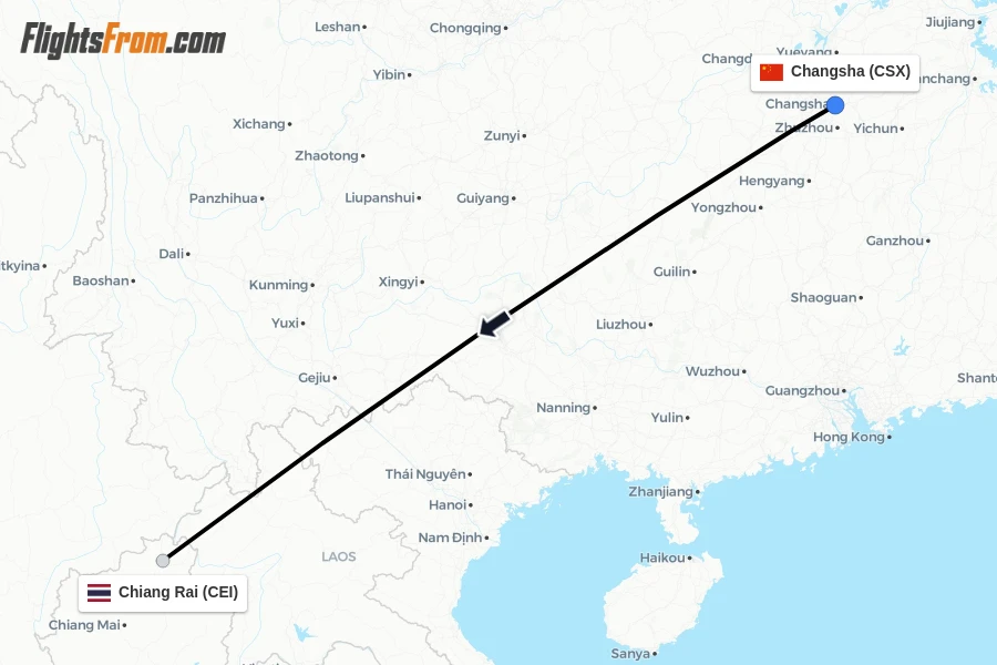 Flights from Changsha to Chiang Rai route map