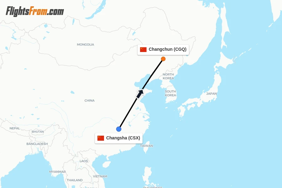 Flights from Changsha to Changchun route map